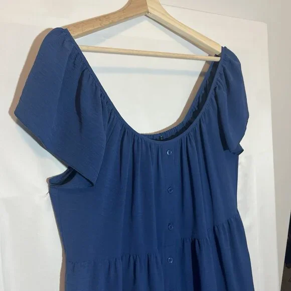 Maggy London Shirtdress 12 Blue Ruffle Sleeve Scoop Neck Tiered Pockets Buttons - Picture 8 of 10